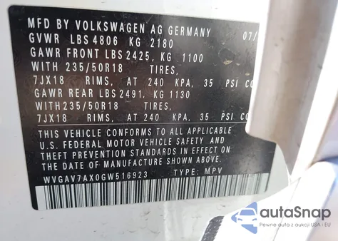 2016 Volkswagen Tiguan Se из США, поврежденный, VIN WVGAV7AX0GW516923